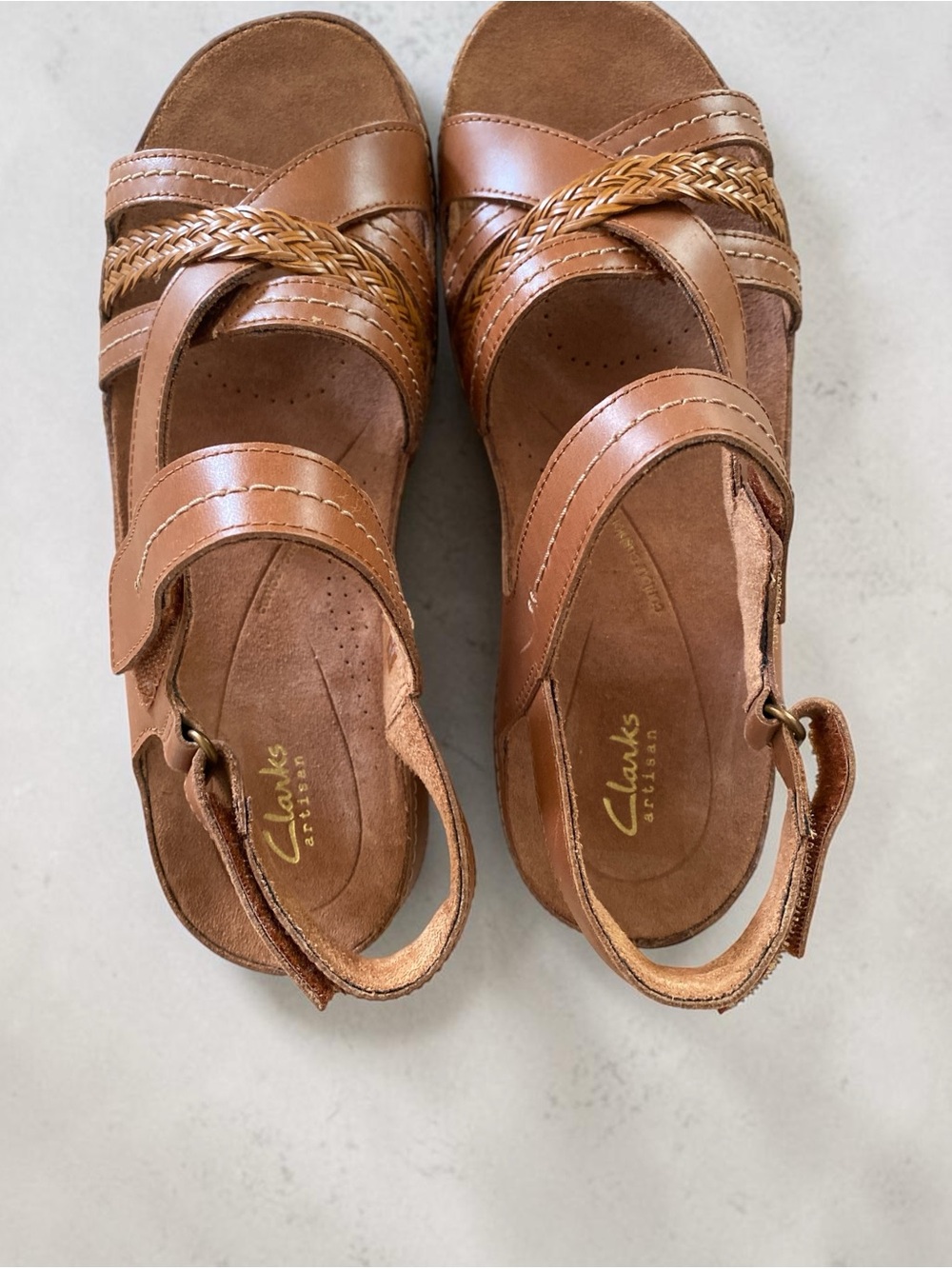 Clarks Tan Braided-Strap Leather Slingback Sandals